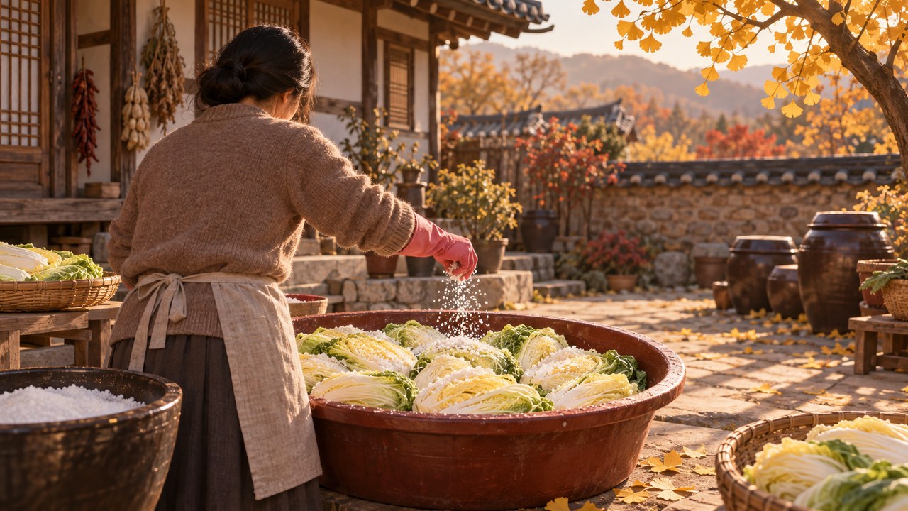 Person in an autumn courtyard salting halved napa cabbages in a basin